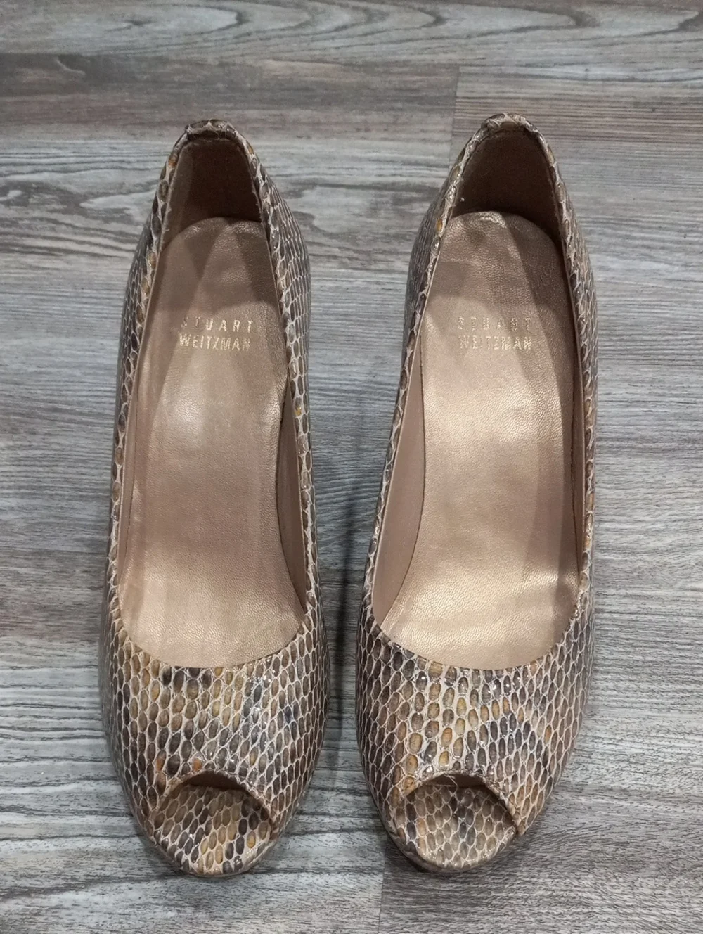 Stuart Weitzman Women's Ivory Snake Print Open Peep-Toe Heels